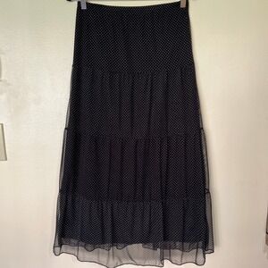 Tiffany & Grey Petite Medium Black Polka Dot Mesh Tiered Midi Skirt